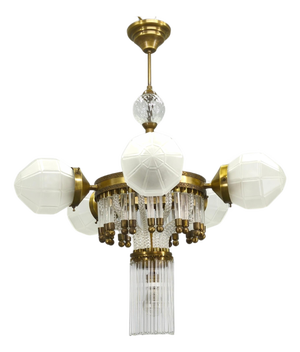 Art Deco Brass and Glass Chandelier, Czech, 1950s
