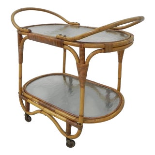 Bamboo Rattan Serving Trolley on Castors, 1950s For Sale