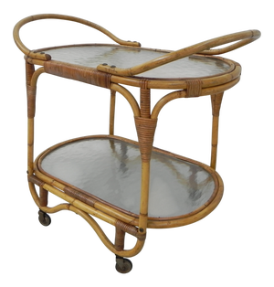 Bamboo Rattan Serving Trolley on Castors, 1950s