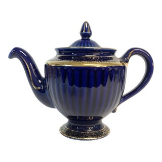1950s Vintage Art Deco Hollywood Regency Cobalt Blue Tea Pot, Hall China Company For Sale