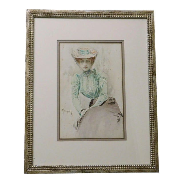 Pietro Scopetta B.1863 Woman Portrait Watercolor Painting For Sale