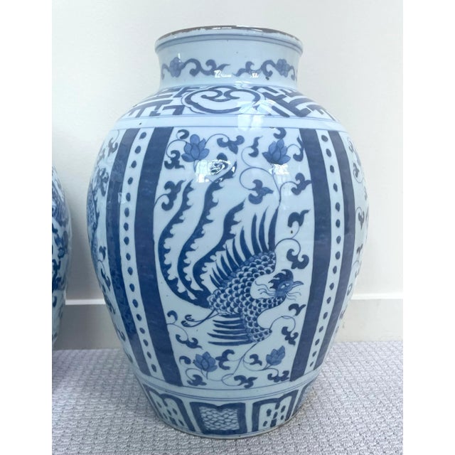 Large Blue & White Chinese Dragon & Phoenix Porcelain Floor Vases - Pair For Sale - Image 4 of 12
