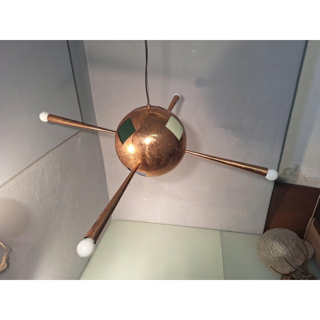 Chandelier in Copper Brass and Colored Glass 4 Copper Cones For Sale - Image 13 of 18