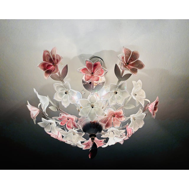 Vintage Murano Style Floral Chandelier – Romantic Pink & White Glass Bouquet Light - Pair For Sale - Image 6 of 18