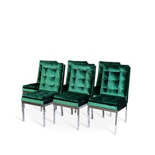 1960s Green Velvet Upholstered Chrome Frame Dining Side Chairs - Set of 6 For Sale