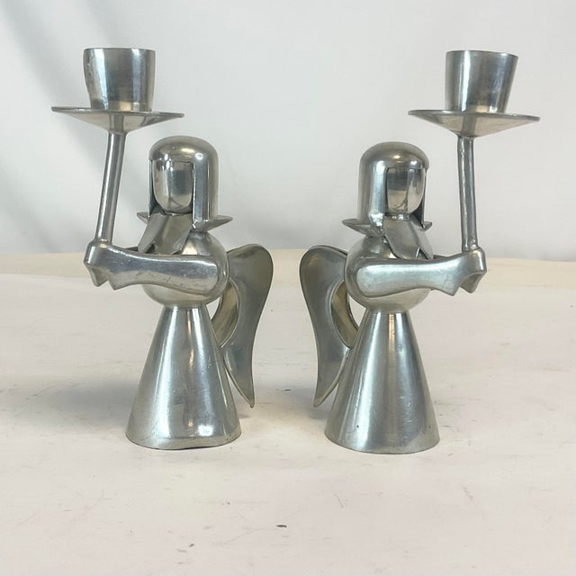 1980s Vintage Boho Chic Arts & Crafts Pewter Christmas Angel Candle Holders - A Pair. For Sale - Image 9 of 10