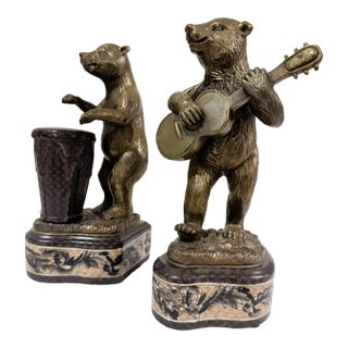 Vintage Castilian Bronze Animal Band Sculptures - Playing Guitar and Drum (Model 3036-34a) - A Matched Pair For Sale