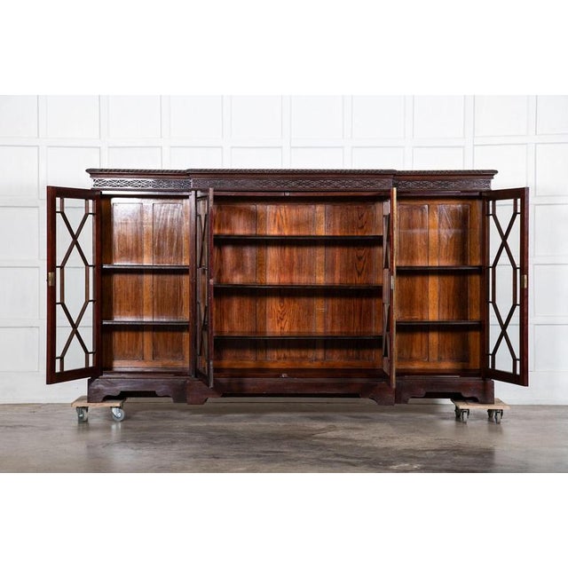 Circa 1880 large 19thc english mahogany glazed breakfront bookcase w245 x d45 x h141 cm lhs internal shelf depth 24 cm rhs...