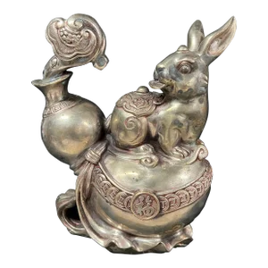 Late 20th Century Chinese Art Silver Gilt Bronze Metal Lucky Charm Rabbit Sculpture