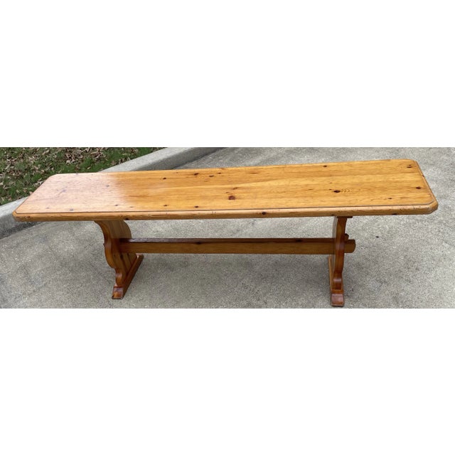 Wood French Country Brutalist Trestle Bench For Sale - Image 7 of 10