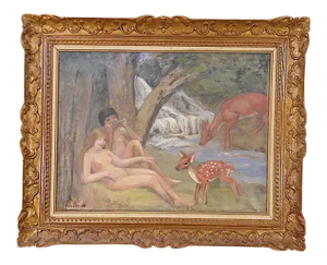 Original Signed Vintage Impressionist Oil on Canvas-Nude Couple in Pastoral Setting-Christie's Tag