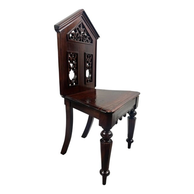 Antique English Gothic Revival Carved Oak Hall Chair With Pierced Tracery Back For Sale