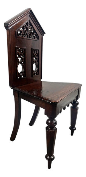 Antique English Gothic Revival Carved Oak Hall Chair With Pierced Tracery Back