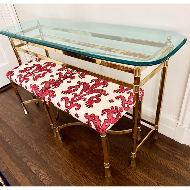 Metal Brass & Glass Console With Pair of Upholstered Benches Stools 3 Pc For Sale - Image 7 of 11