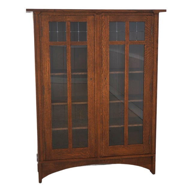 Stickley Mission Oak Leaded Glass Door Bookcase For Sale