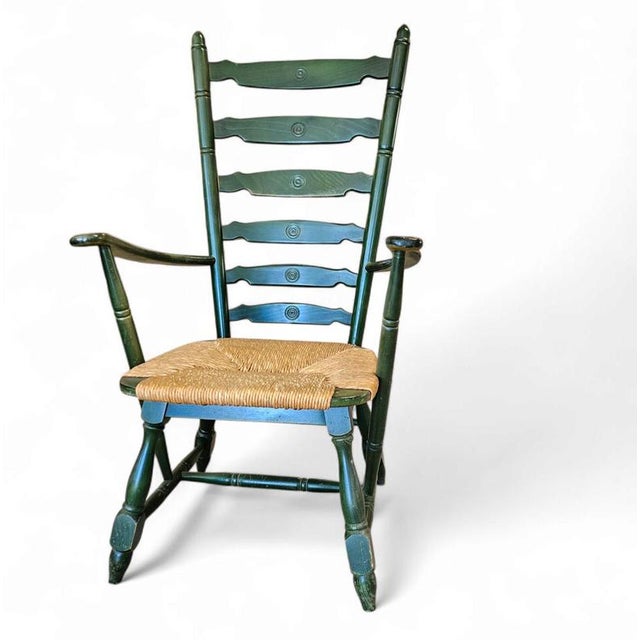 Green Vintage High Back Ladder Chair in Green Wood with Rush Seat For Sale - Image 8 of 15