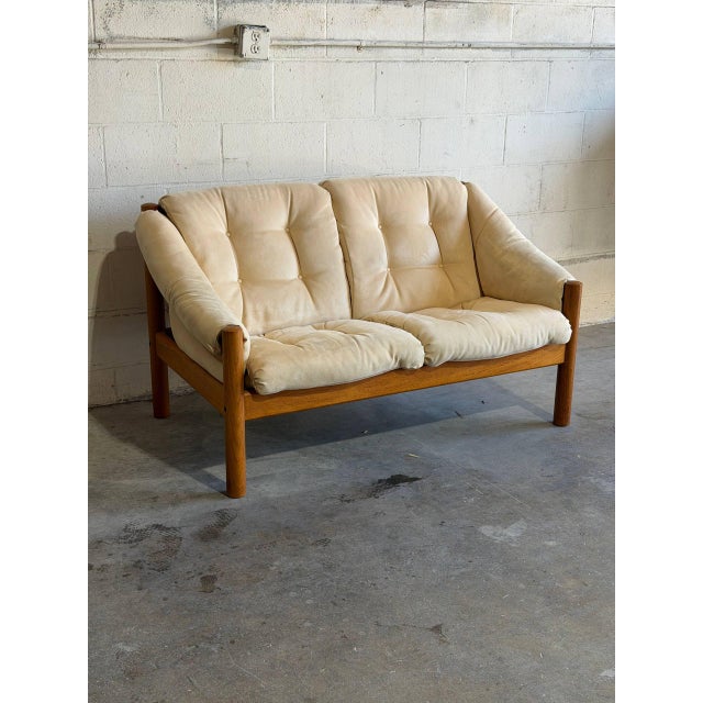 Mid-Century Modern Teak Beige Loveseat Settee Sofa Lounge Upholstered Furniture in Style of Domino Mobler Denmark 1960s For Sale - Image 3 of 10