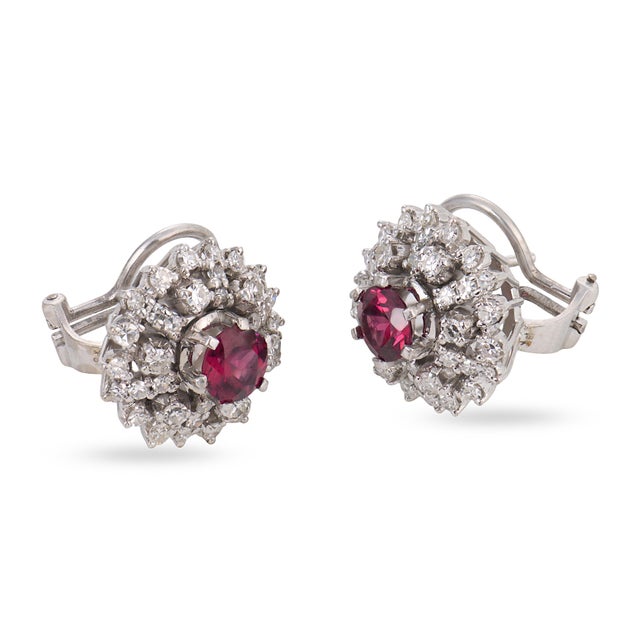 Mid Century 2.00 Carat Pink Tourmaline Diamond 18k White Gold Cluster Earrings, Pair For Sale - Image 4 of 6