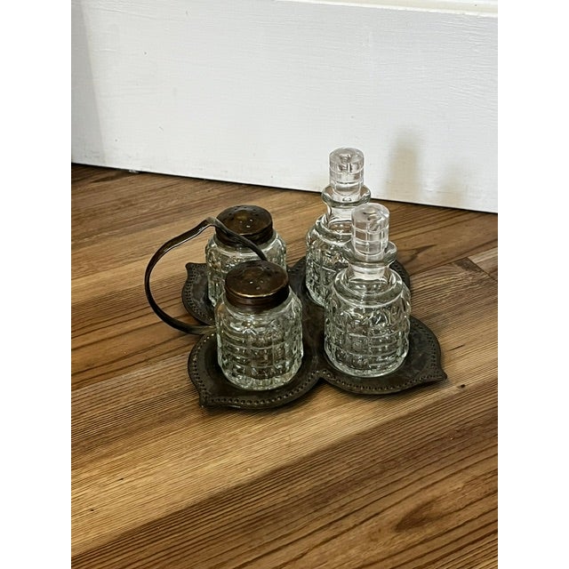 Vintage 4-Piece Glass and Metal Condiment Cruet Set - 5 pcs For Sale In New York - Image 6 of 9