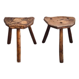 Vintage Brutalist Tripod Stools in Oak from Marolles, 1970s, Set of 2 For Sale