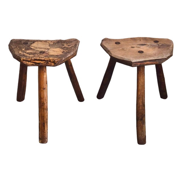 Vintage Brutalist Tripod Stools in Oak from Marolles, 1970s, Set of 2 For Sale