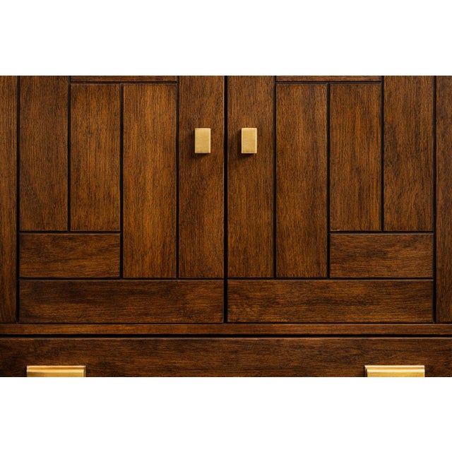Chestnut Drexel Mid 20th Century Architectural Walnut Cabinet With Geometric Facade & Pocket Doors For Sale - Image 8 of 10