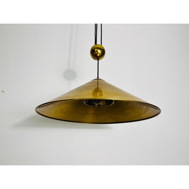 Cone Shaped Brass Pendant Lamp with Counterweight attributed to Florian Schulz, 1970s For Sale - Image 3 of 14