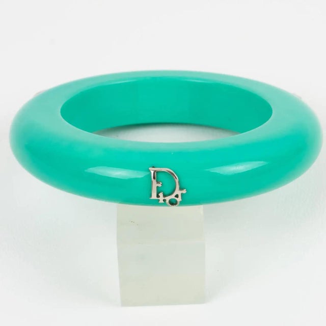 2000 - 2009 Christian Dior Bracelet Bangle Turquoise Acrylic and Silver Dior Logos For Sale - Image 5 of 7