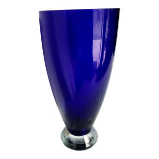 Vintage Cobalt Blue Footed Glass Vase For Sale