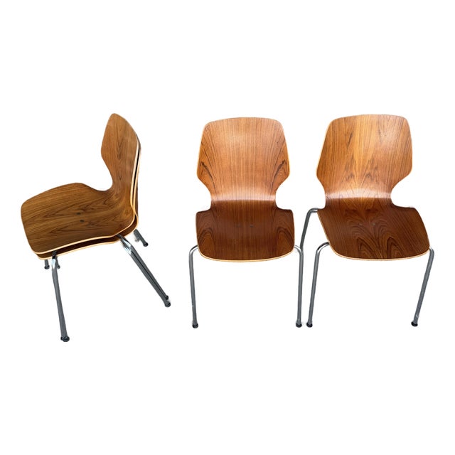 Mid-Century Modern Westnofa Teak and Chrome Dining Chairs Stacking – Set of 4 For Sale