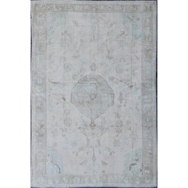 Textile Muted Layered Medallion Vintage Turkish Oushak Rug in Taupe, Lt Blue, and Brown For Sale - Image 7 of 7