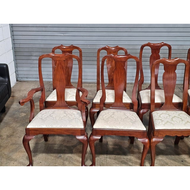 Henkel Harris 1990s Set of 8 Henkel Harris Black Cherry Dining Room Chairs White Damask Fabric For Sale - Image 4 of 18