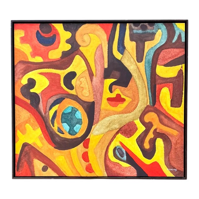This abstract composition unfolds in a dense, interlocking arrangement of biomorphic and geometric forms, painted in a...