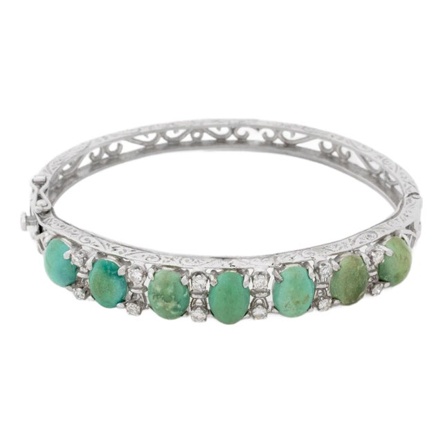 14k White Gold Turquoise Diamond Bangle For Sale