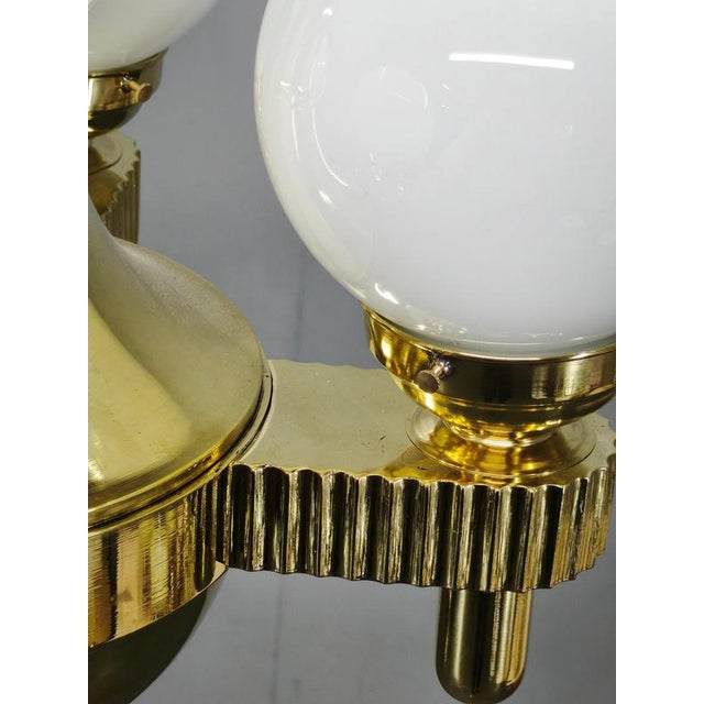 Vintage Czech Art Deco Brass and Opaline Glass Globe Pendant Light, 1920s For Sale - Image 6 of 15