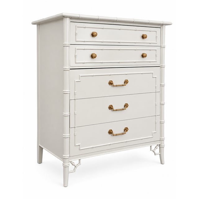 Thomasville Vintage Thomasville Faux Bamboo Highboy Dresser With Chinoiserie Fretwork & Brass Hardware For Sale - Image 4 of 8
