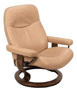 1990s Ekornes Stressless Royal Recliner in Tan Leather W/ Walnut Base - Large Model