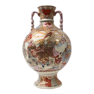 Antique Japanese Satsuma Earthenware Figural Vase With Twin Handles and Heavy Gilt Brocade For Sale