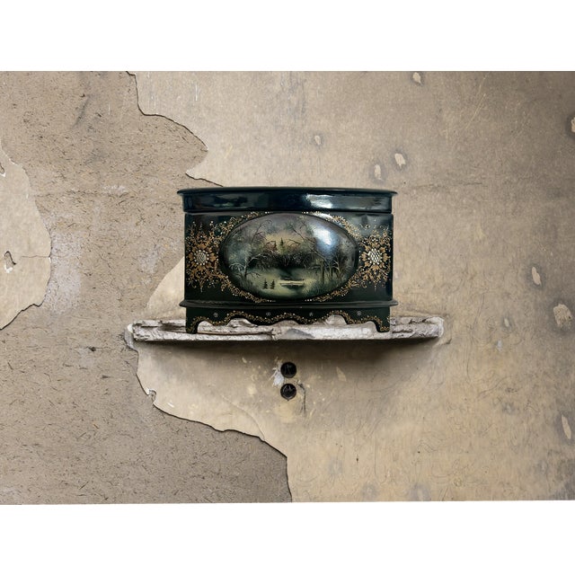 Vintage Russian Black Lacquer Fedoskino Box, Mother of Pearl Sunset, Winter Snow, Artist Signed & Dated For Sale - Image 10 of 13