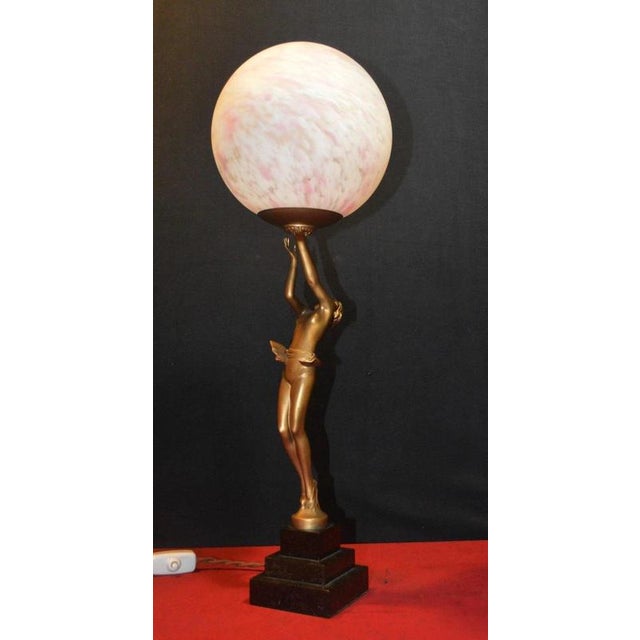 Metal Art Deco French Bronze Dancer Table Lamp with Opaline Glass Globe, 1930s For Sale - Image 7 of 18