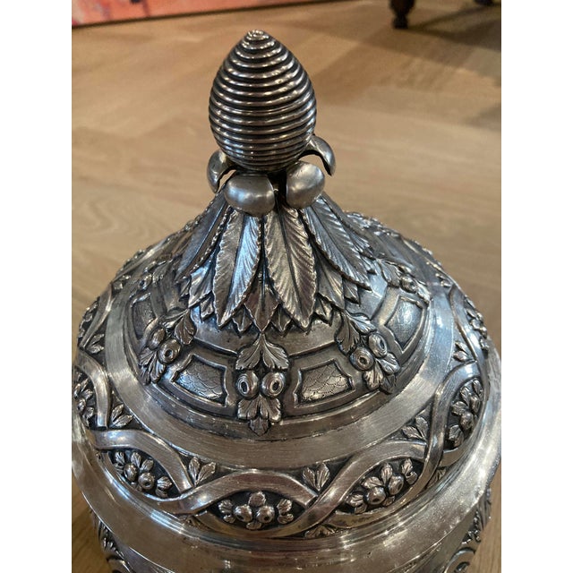 Antique Silver Covered Urn — Repoussé Greek Key, Fruit & Foliage Motifs, 2.86 LBS For Sale - Image 10 of 18