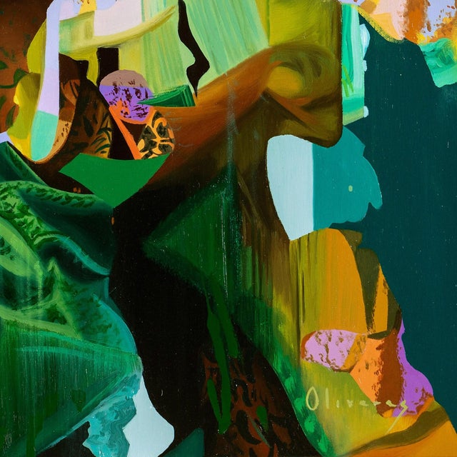 Sabor a miel by Jessica Oliveras | Oil Painting of a woman in a green shawl with abstract elements For Sale - Image 4 of 5