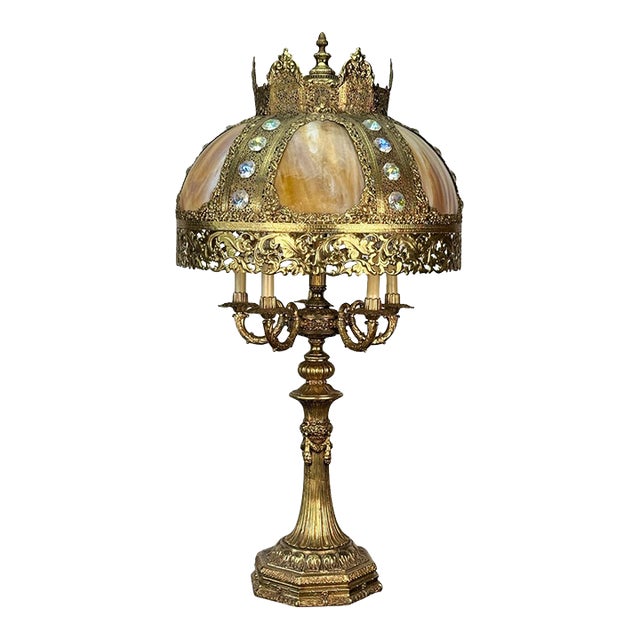 Vintage 40" Hollywood Regency Gold Slag Glass Jeweled Crown Table Lamp For Sale