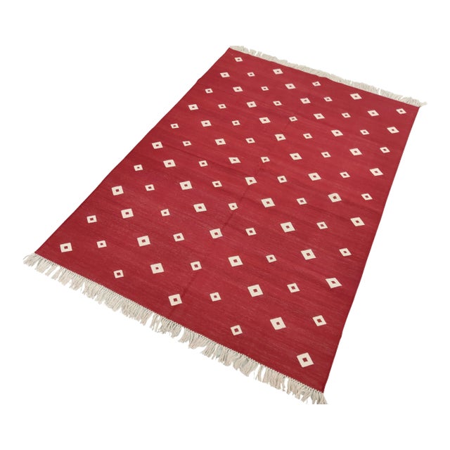 Handmade Cotton Diamond Rug, Red And White 8'x10' For Sale