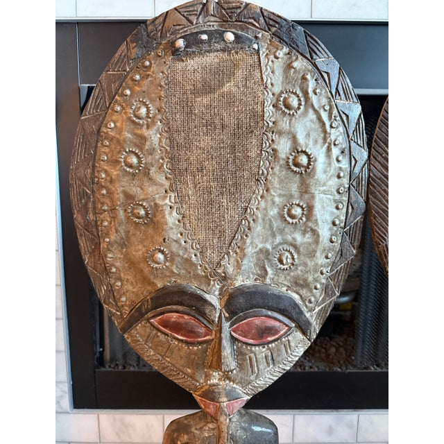 Monumental Hand-Carved West African Figural Sculptures With Cowrie & Textile Masks — Pair For Sale In Fayetteville, AR - Image 6 of 15