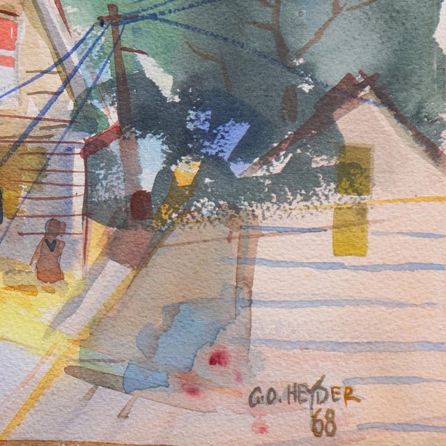 Signed lower right, 'G. O. Heyder' (20th century) and dated 1968. A bright urban scene showing a California Folk Victorian...
