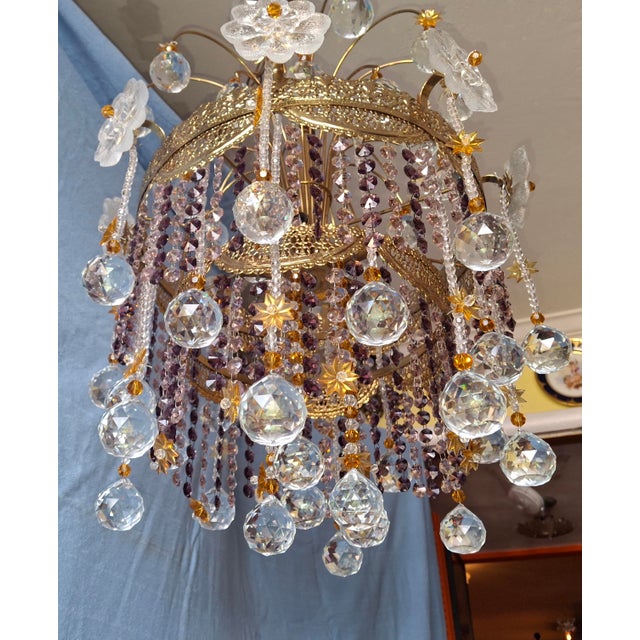Amethyst 1960's Opulent Hollywood Regency Amethyst/ Cut Crystal Floral & Sphere Whimsical Chandelier by Palwa For Sale - Image 8 of 18