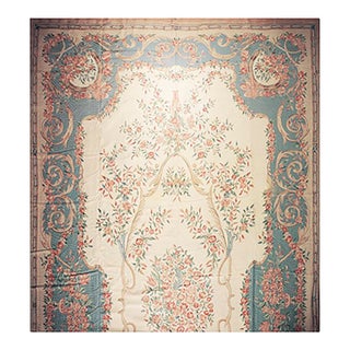 1920s Antique Ivory Floral Medallion India Agra Textile Chain Stitch Gallery Rug For Sale