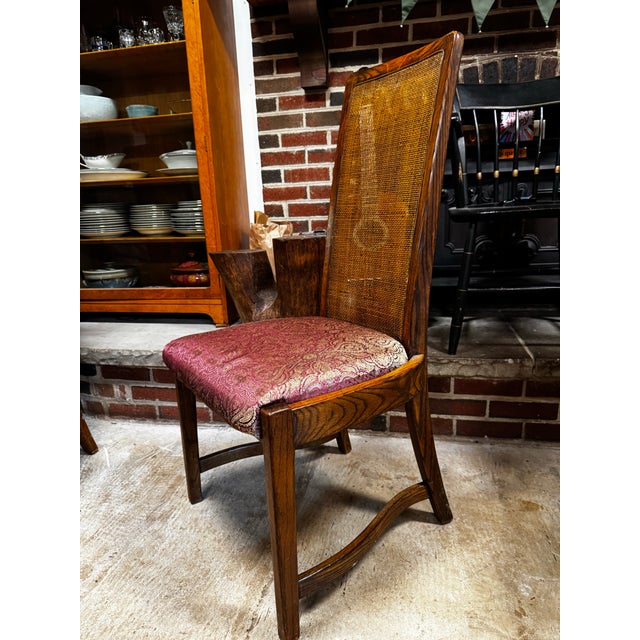 1970's Burlington Furniture Oak & Cane High-Back Dining Chairs, Set of 4 For Sale - Image 4 of 12