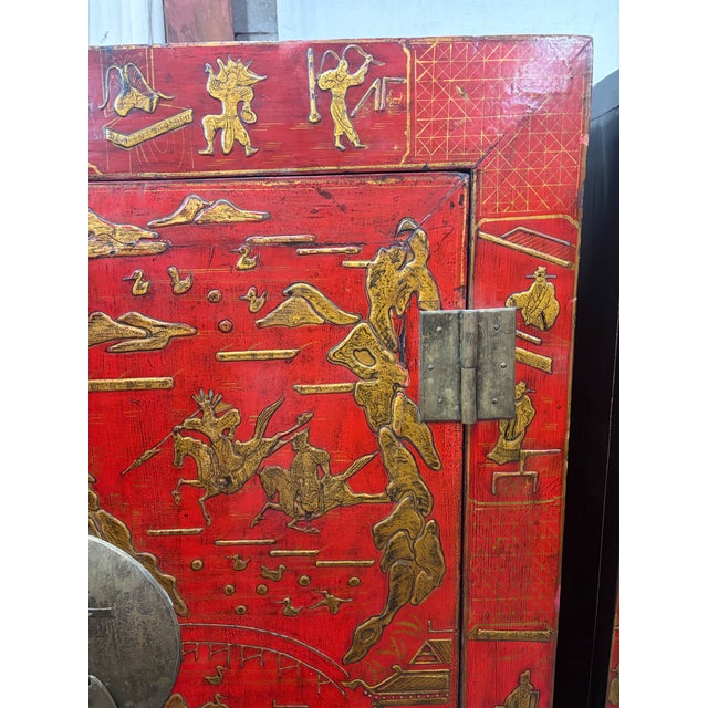 Wood Pair Antique Red Chinoiserie Wedding Cabinets Armoires For Sale - Image 7 of 10